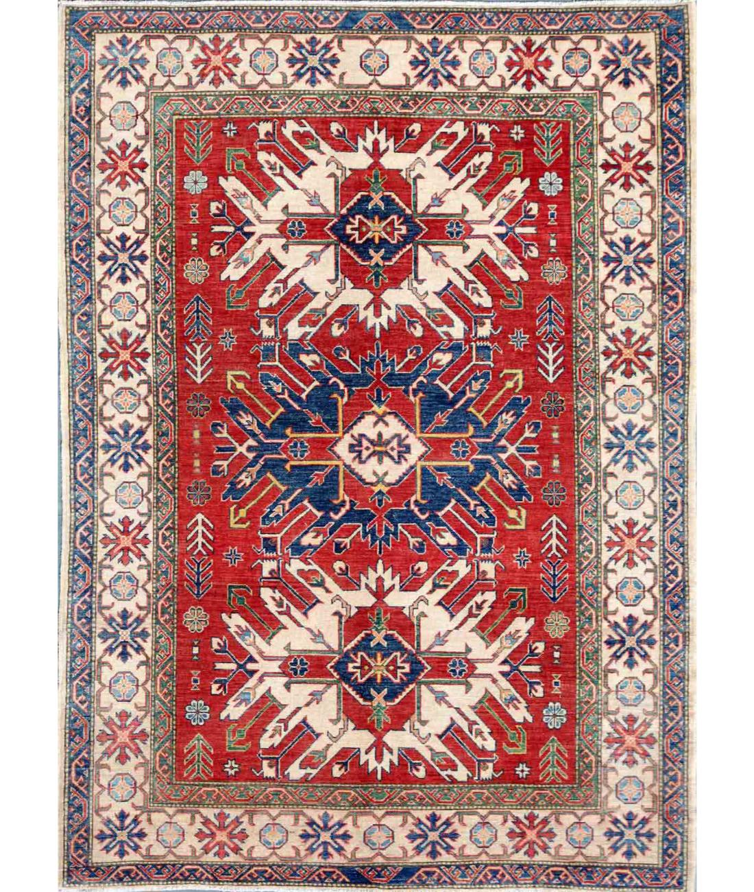 Hand Knotted Tribal Kazak Wool Rug - 6'2'' x 8'3'' 6' 2" X 8' 3" ( 188 X 251 ) / Red / Ivory