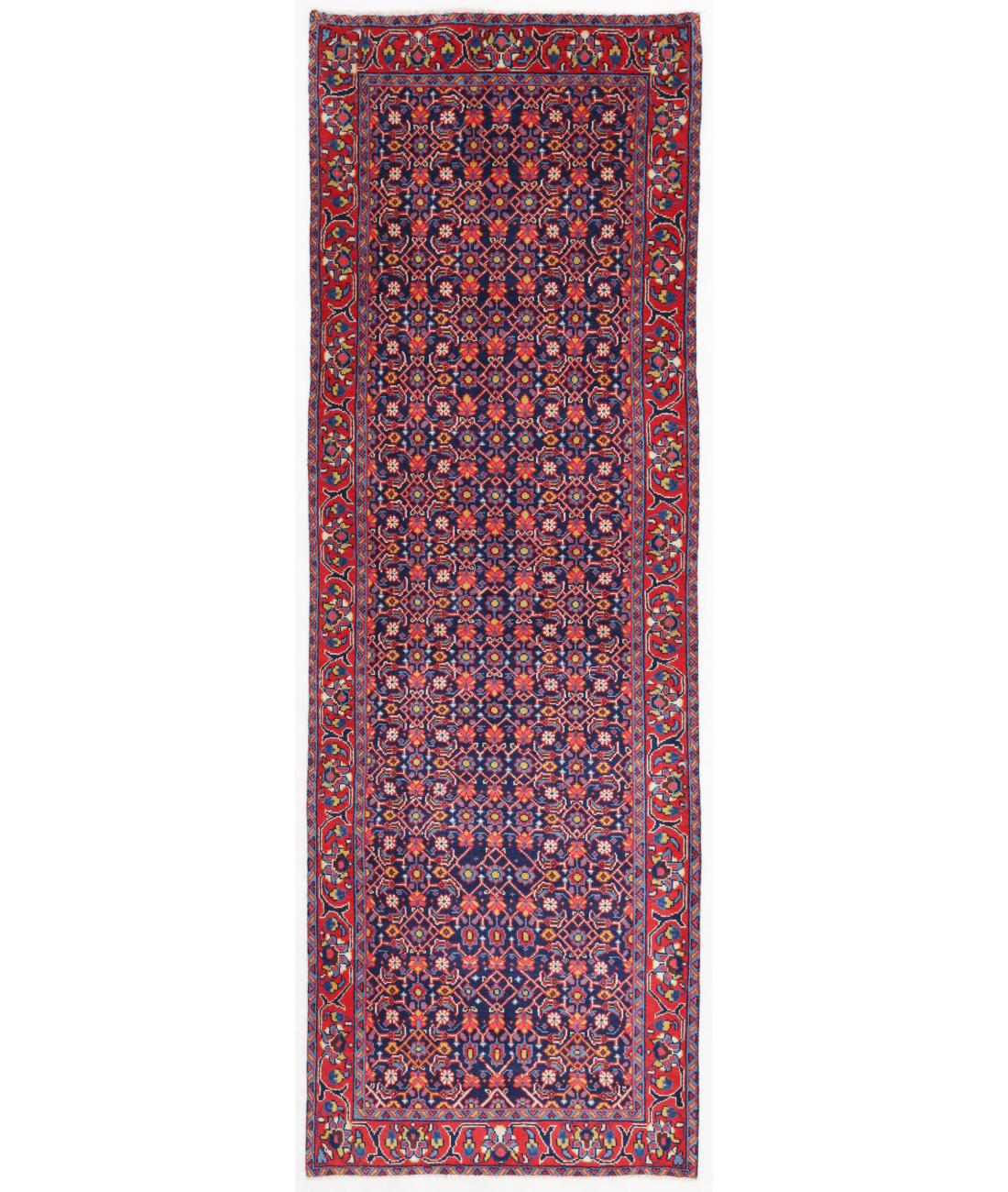Hand Knotted Persian Hamadan Wool Rug - 3'6'' x 10'5'' 3' 6" X 10' 5" ( 107 X 318 ) / Blue / Red