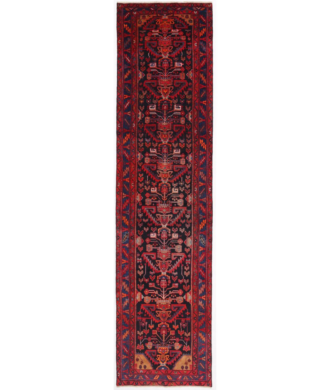 Hand Knotted Persian Hamadan Wool Rug - 3'8'' x 15'1'' 3' 8" X 15' 1" ( 112 X 460 ) / Black / Blue