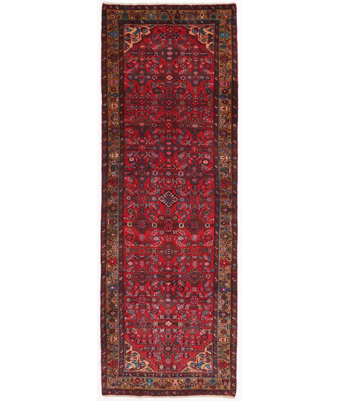 Hand Knotted Persian Hamadan Wool Rug - 3'5'' x 10'0'' 3' 5" X 10' 0" ( 104 X 305 ) / Red / Brown