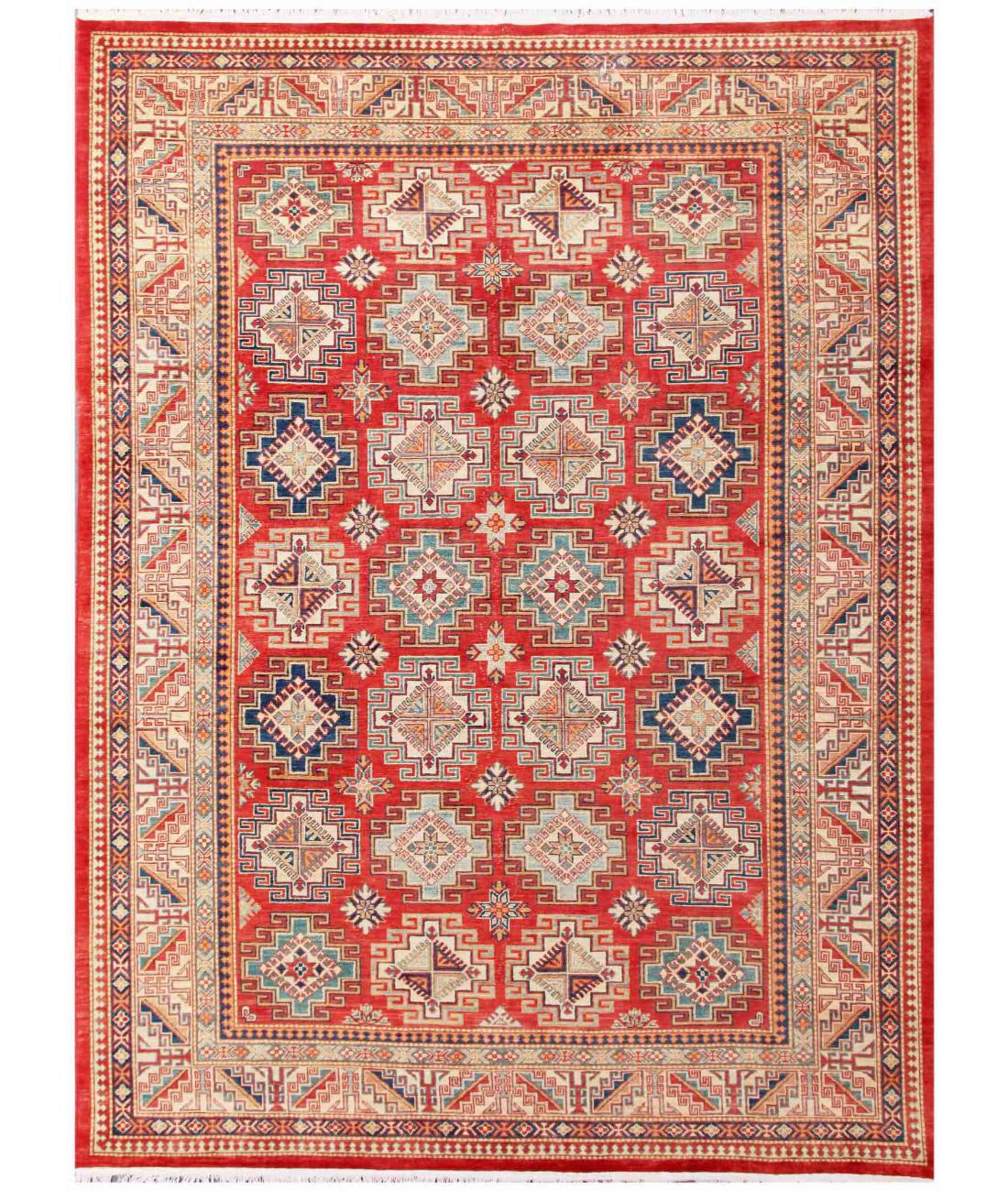 Hand Knotted Tribal Kazak Wool Rug - 9'0'' x 12'2'' 9' 0" X 12' 2" ( 274 X 371 ) / Red / Ivory