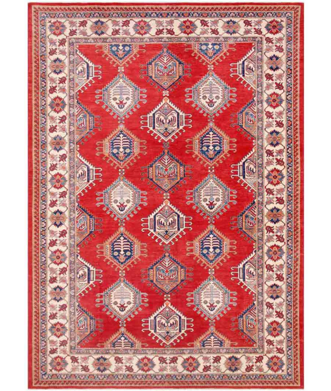 Hand Knotted Tribal Kazak Wool Rug - 10'5'' x 14'1'' 10' 5" X 14' 1" ( 318 X 429 ) / Red / Ivory