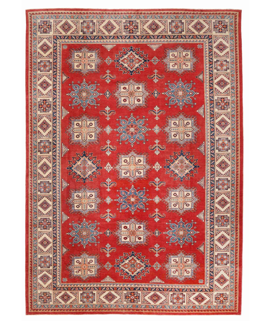 Hand Knotted Tribal Kazak Wool Rug - 10'1'' x 14'0'' 10' 1" X 14' 0" ( 307 X 427 ) / Red / Ivory