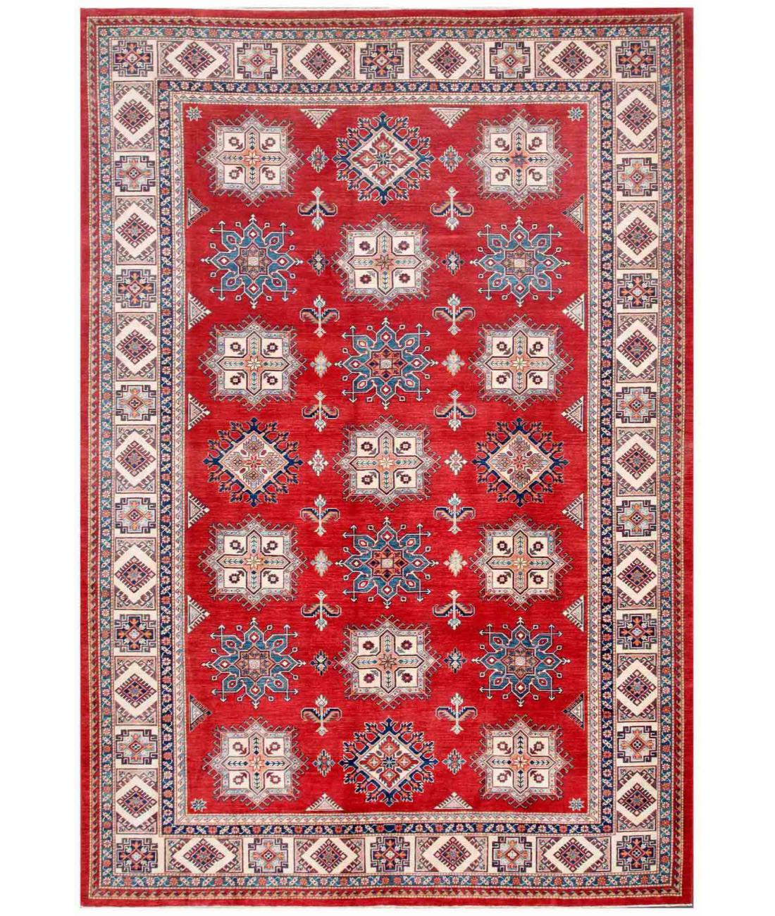 Hand Knotted Tribal Kazak Wool Rug - 9'10'' x 14'1'' 9' 10" X 14' 1" ( 300 X 429 ) / Red / Ivory