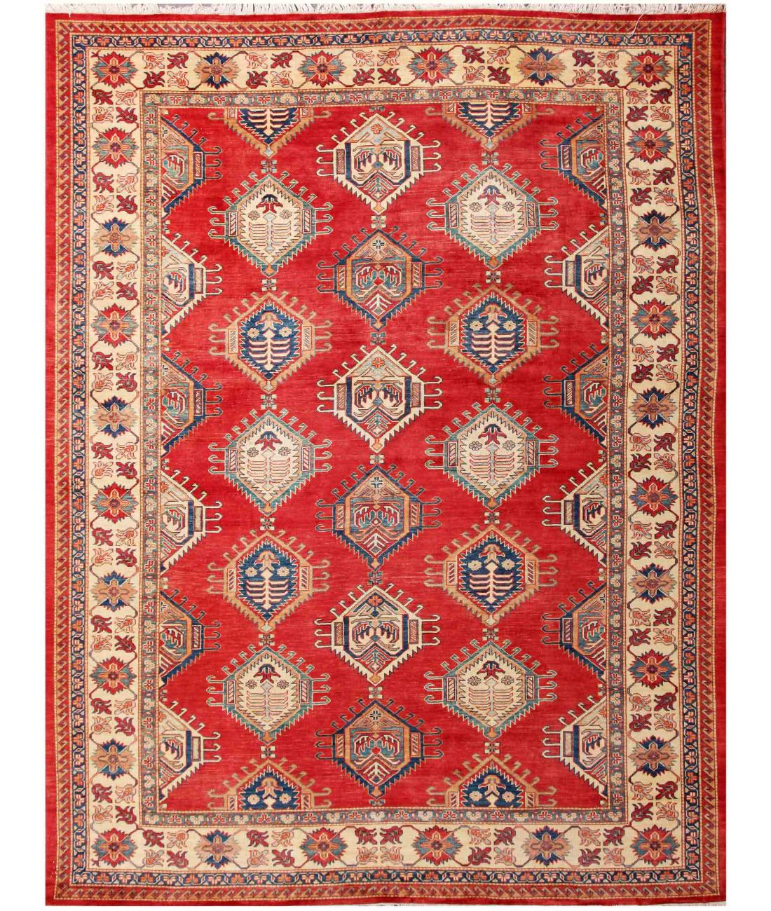 Hand Knotted Tribal Kazak Wool Rug - 10'5'' x 13'9'' 10' 5" X 13' 9" ( 318 X 419 ) / Red / Ivory