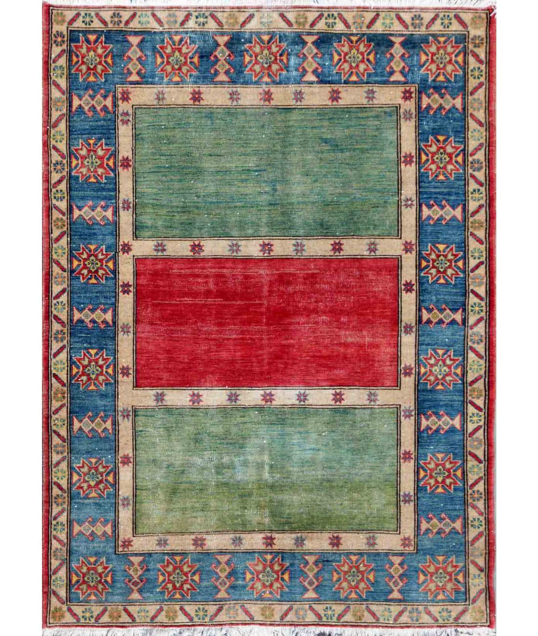 Hand Knotted Tribal Kazak Wool Rug - 5'8'' x 7'5'' 5' 8" X 7' 5" ( 173 X 226 ) / Red / Blue