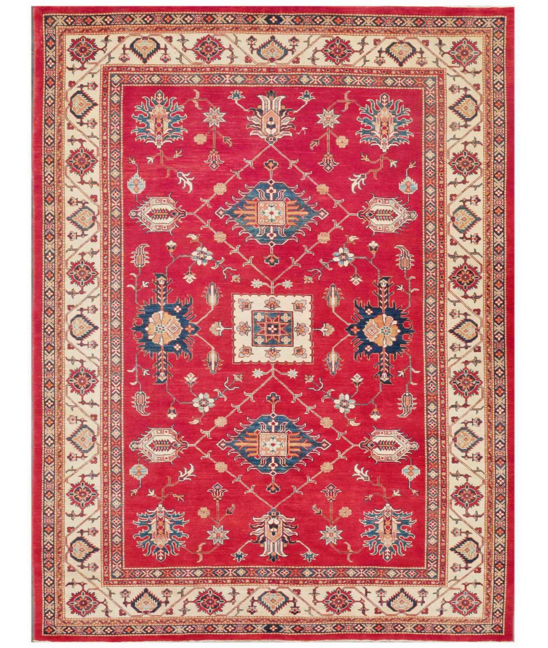 Hand Knotted Tribal Kazak Wool Rug - 9'2'' x 12'0'' 9' 2" X 12' 0" ( 279 X 366 ) / Red / Ivory