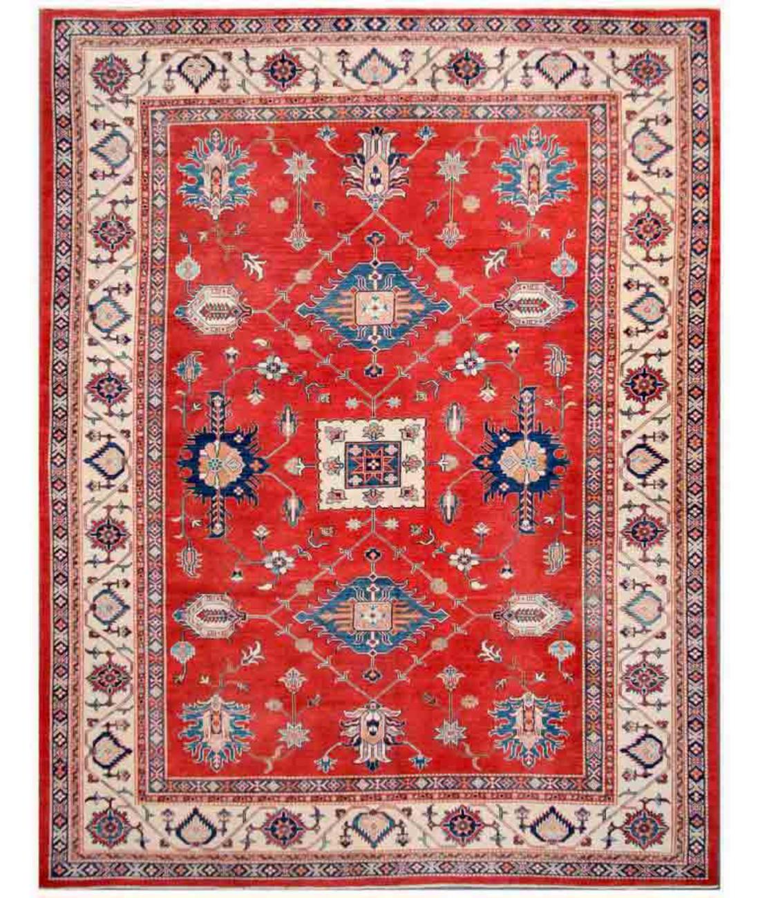 Hand Knotted Tribal Kazak Wool Rug - 9'5'' x 12'1'' 9' 5" X 12' 1" ( 287 X 368 ) / Red / Ivory