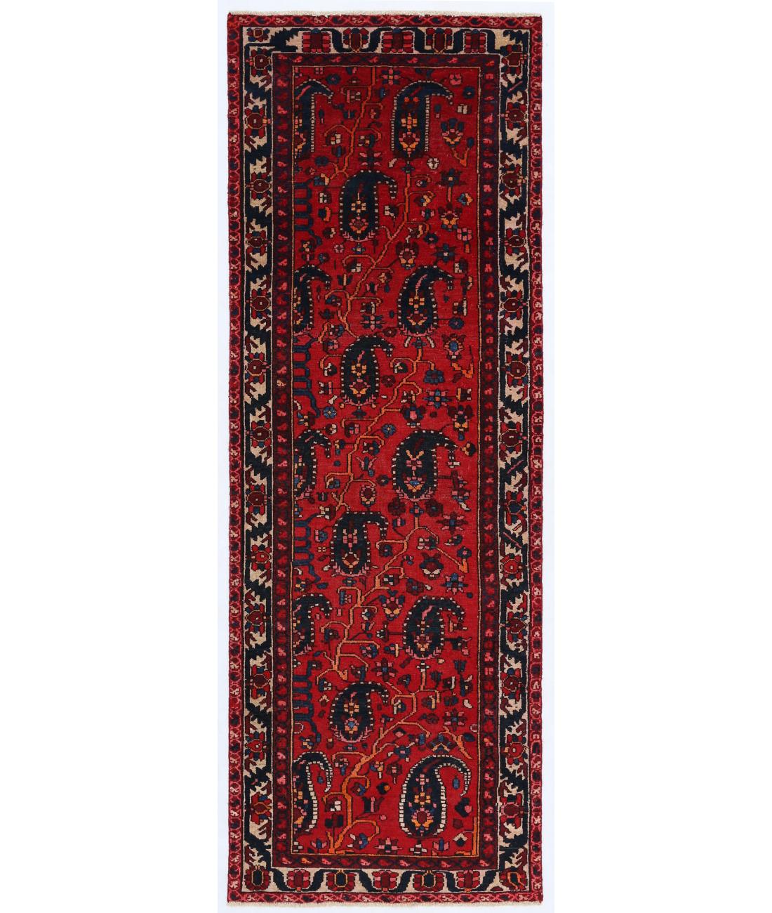 Hand Knotted Persian Hamadan Wool Rug - 3'4'' x 9'7'' 3' 4" X 9' 7" ( 102 X 292 ) / Red / Ivory