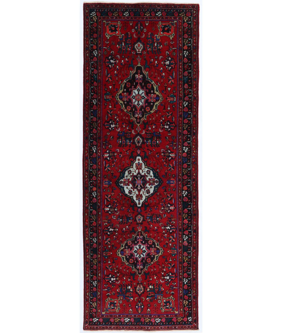 Hand Knotted Persian Hamadan Wool Rug - 3'9'' x 11'1'' 3' 9" X 11' 1" ( 114 X 338 ) / Red / Black