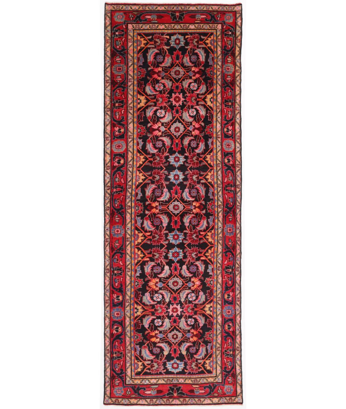 Hand Knotted Persian Hamadan Wool Rug - 3'5'' x 10'0'' 3' 5" X 10' 0" ( 104 X 305 ) / Black / Red