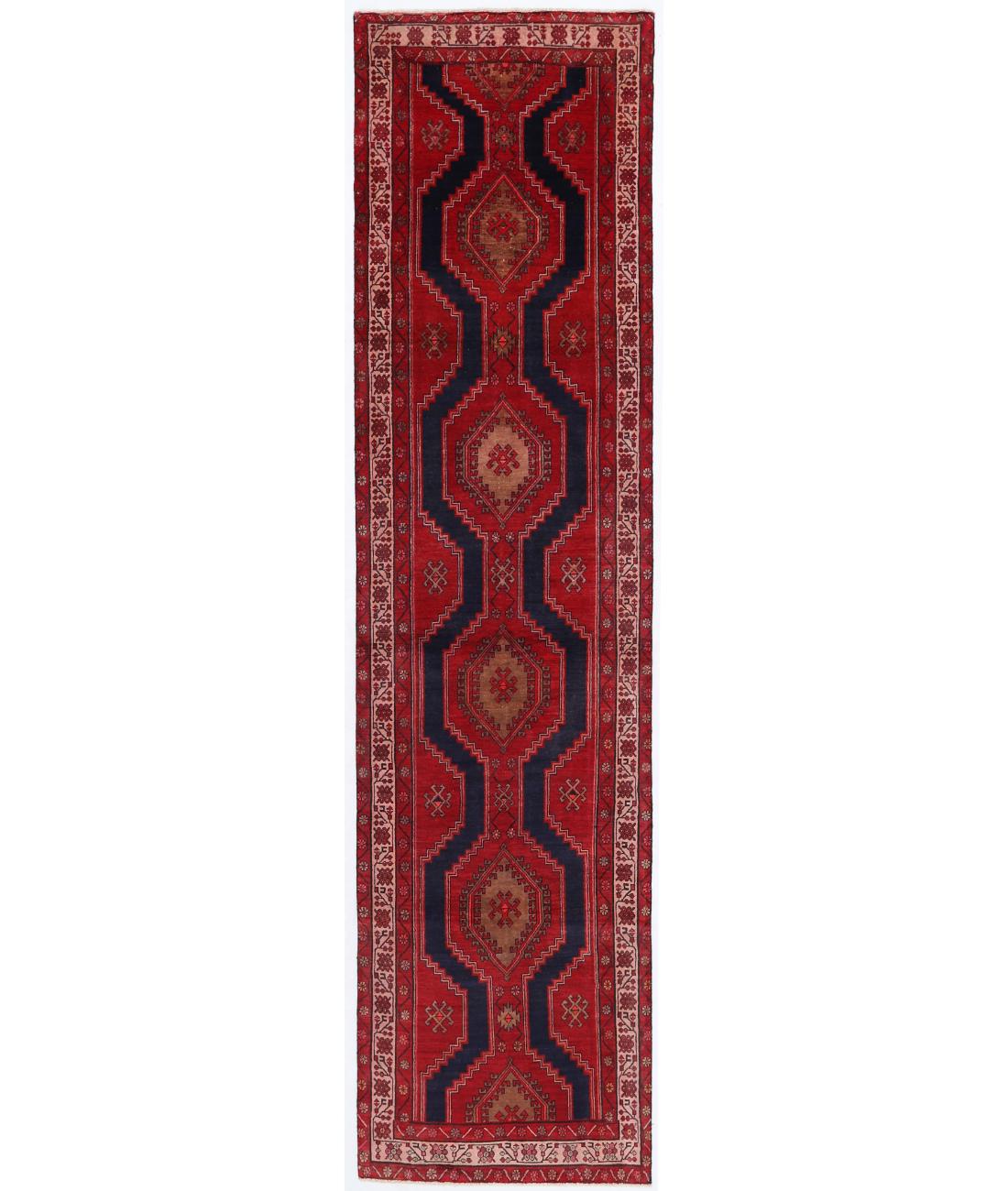 Hand Knotted Persian Hamadan Wool Rug - 3'2'' x 12'8'' 3' 2" X 12' 8" ( 97 X 386 ) / Red / Peach