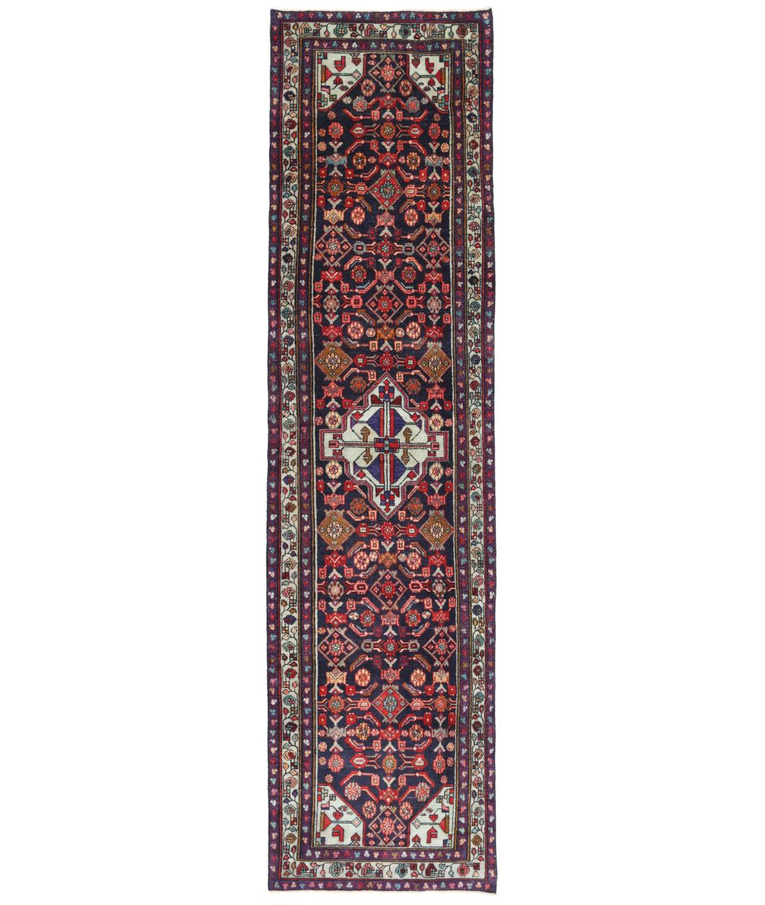 Hand Knotted Persian Hamadan Wool Rug - 3'6'' x 13'7'' 3' 6" X 13' 7" ( 107 X 414 ) / Black / Blue
