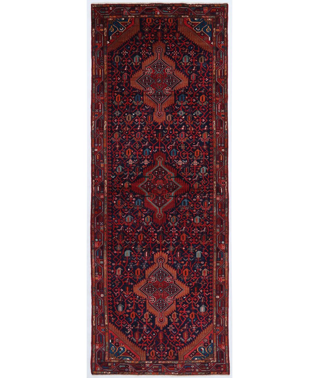 Hand Knotted Persian Hamadan Wool Rug - 4'1'' x 11'0'' 4' 1" X 11' 0" ( 124 X 335 ) / Blue / Red
