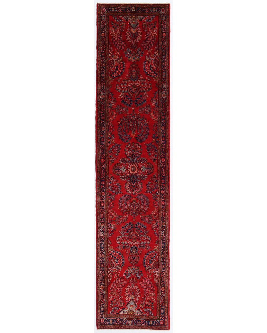 Hand Knotted Persian Sarouk Wool Rug - 2'10'' x 12'10'' 2' 10" X 12' 10" ( 86 X 391 ) / Red / Blue