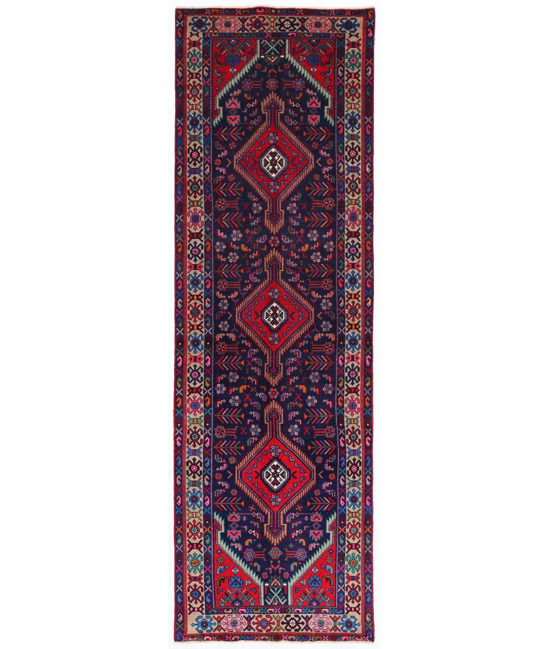 Hand Knotted Persian Hamadan Wool Rug - 3'4'' x 10'9'' 3' 4" X 10' 9" ( 102 X 328 ) / Blue / Ivory