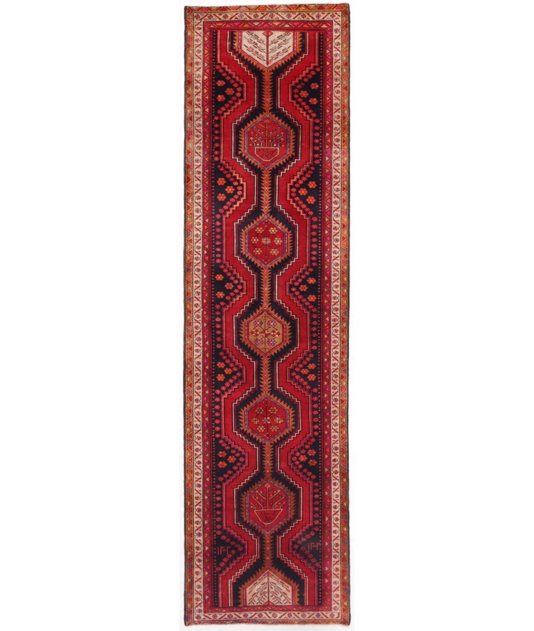 Hand Knotted Persian Hamadan Wool Rug - 3'5'' x 13'2'' 3' 5" X 13' 2" ( 104 X 401 ) / Black / Ivory