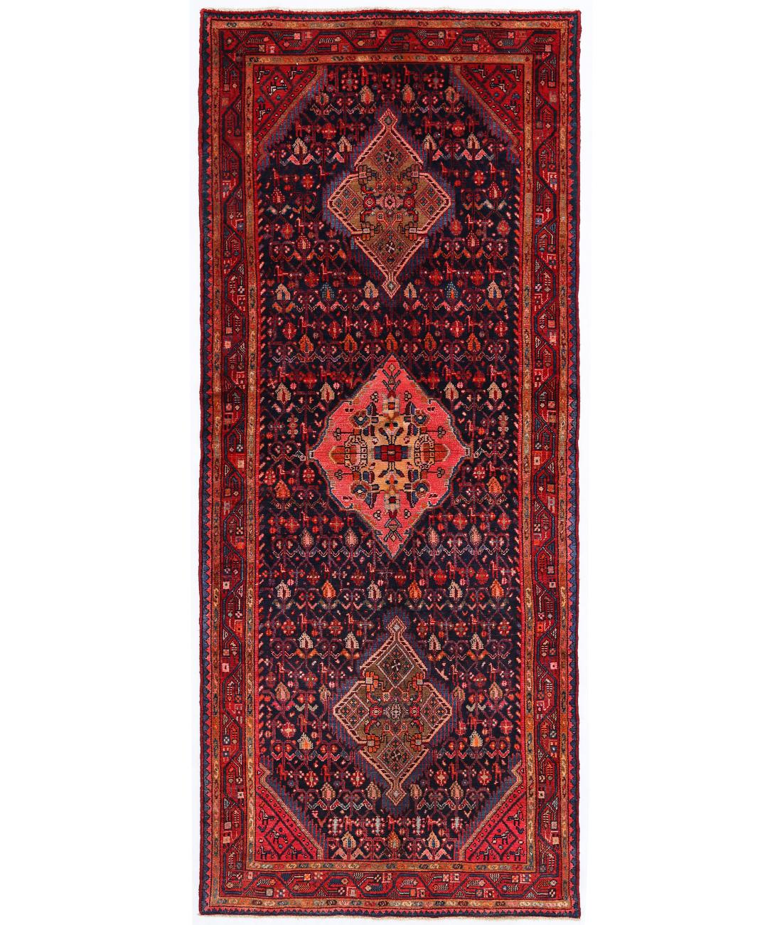 Hand Knotted Persian Hamadan Wool Rug - 4'3'' x 10'1'' 4' 3" X 10' 1" ( 130 X 307 ) / Black / Red