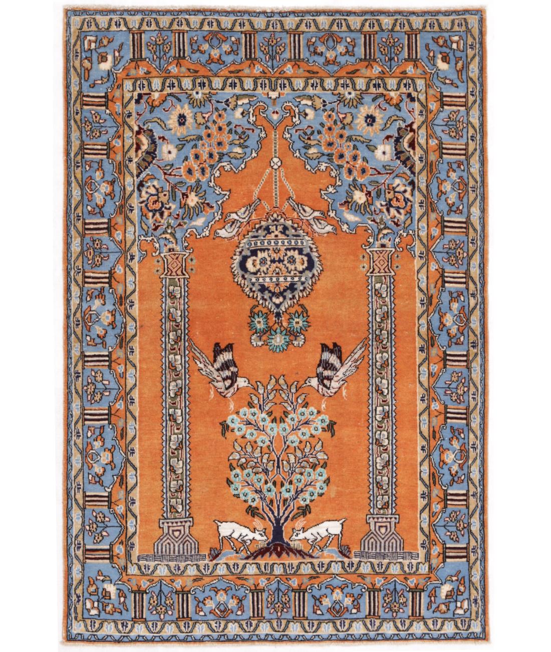 Hand Knotted Persian Qum Wool & Silk Rug - 3'4'' x 4'10'' 3' 4" X 4' 10" ( 102 X 147 ) / Orange / Blue