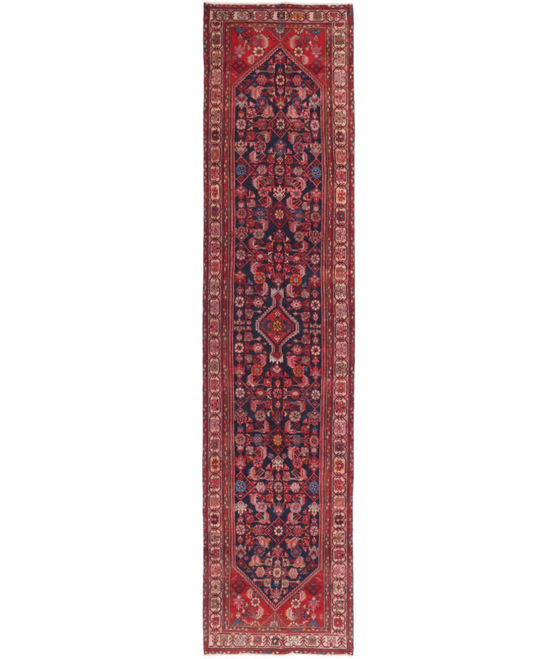Hand Knotted Persian Hamadan Wool Rug - 3'7'' x 15'11'' 3' 7" X 15' 11" ( 109 X 485 ) / Blue / Ivory