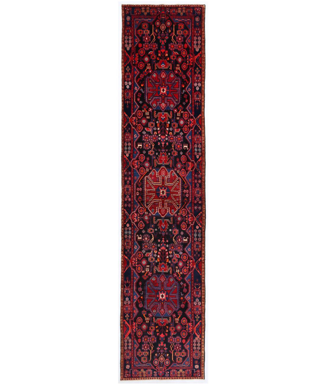 Hand Knotted Persian Hamadan Wool Rug - 3'9'' x 16'2'' 3' 9" X 16' 2" ( 114 X 493 ) / Blue / Red