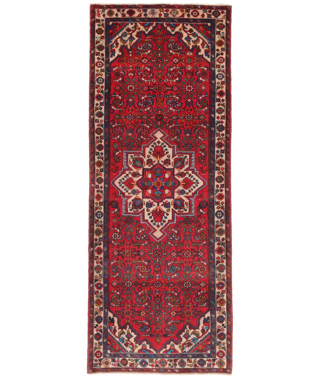 Hand Knotted Persian Hamadan Wool Rug - 3'7'' x 10'1'' 3' 7" X 10' 1" ( 109 X 307 ) / Red / Ivory