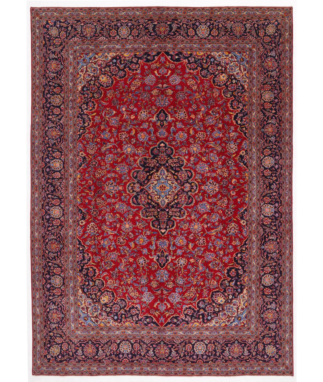 Hand Knotted Persian Kashan Wool Rug - 9'6'' x 13'5'' 9' 6" X 13' 5" ( 290 X 409 ) / Red / Blue