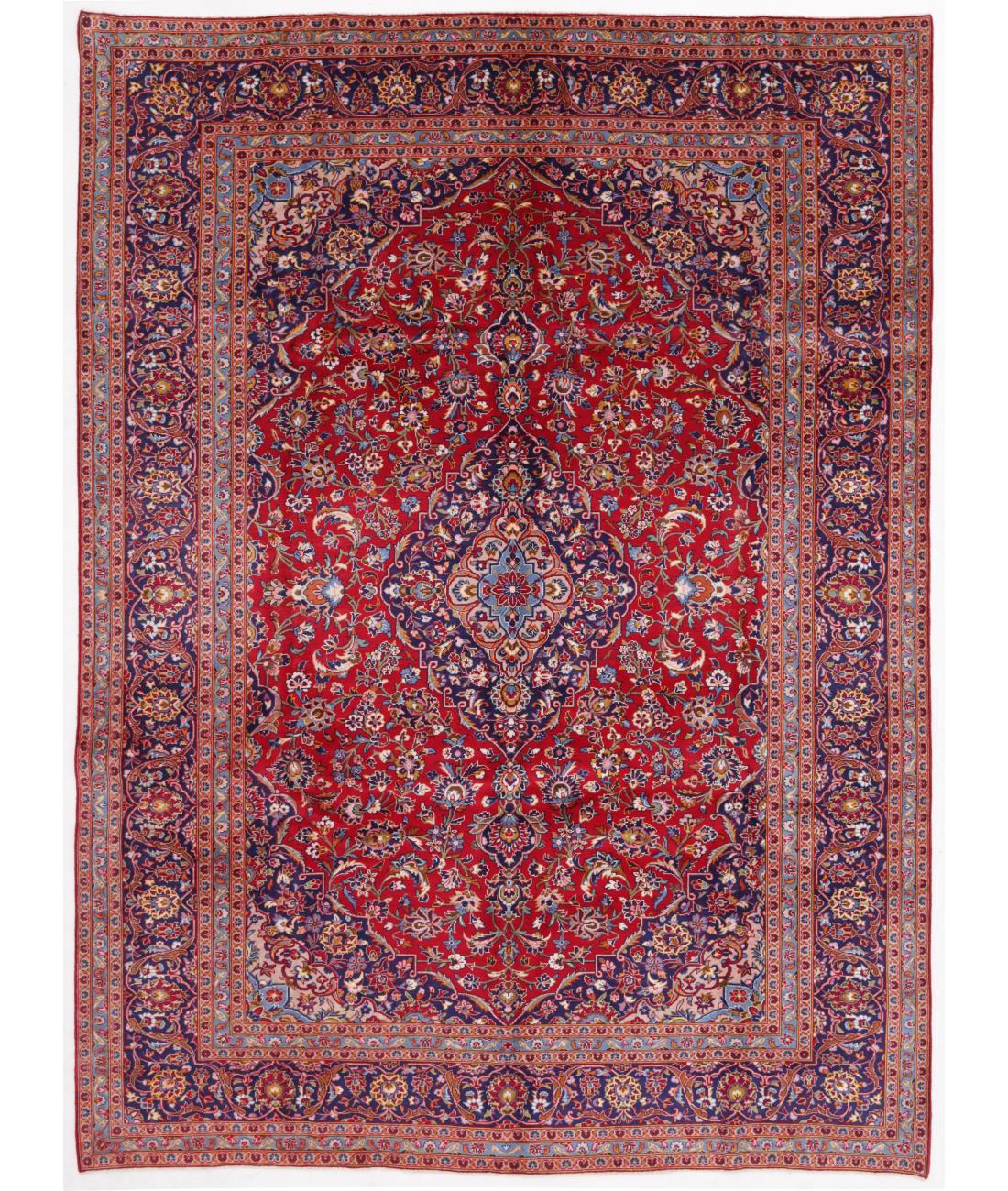 Hand Knotted Persian Kashan Wool Rug - 9'5'' x 12'10'' 9' 5" X 12' 10" ( 287 X 391 ) / Red / Blue