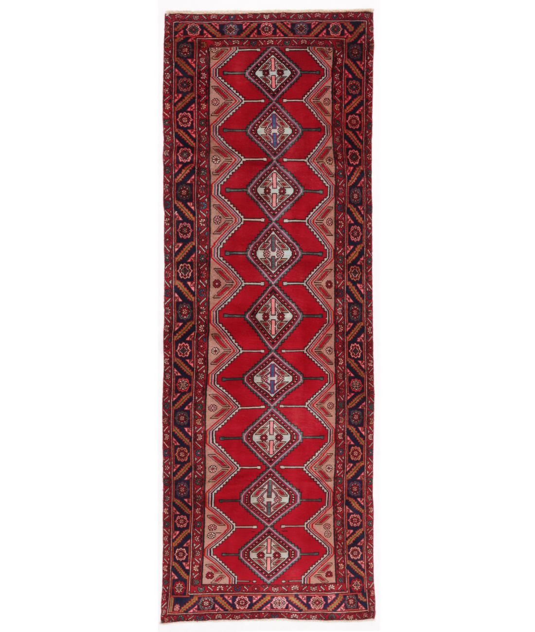 Hand Knotted Persian Hamadan Wool Rug - 3'1'' x 9'7'' 3' 1" X 9' 7" ( 94 X 292 ) / Red / Blue