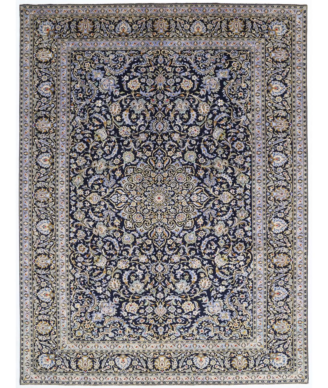 Hand Knotted Persian Kashan Wool Rug - 9'11'' x 13'4'' 9' 11" X 13' 4" ( 302 X 406 ) / Blue / Ivory