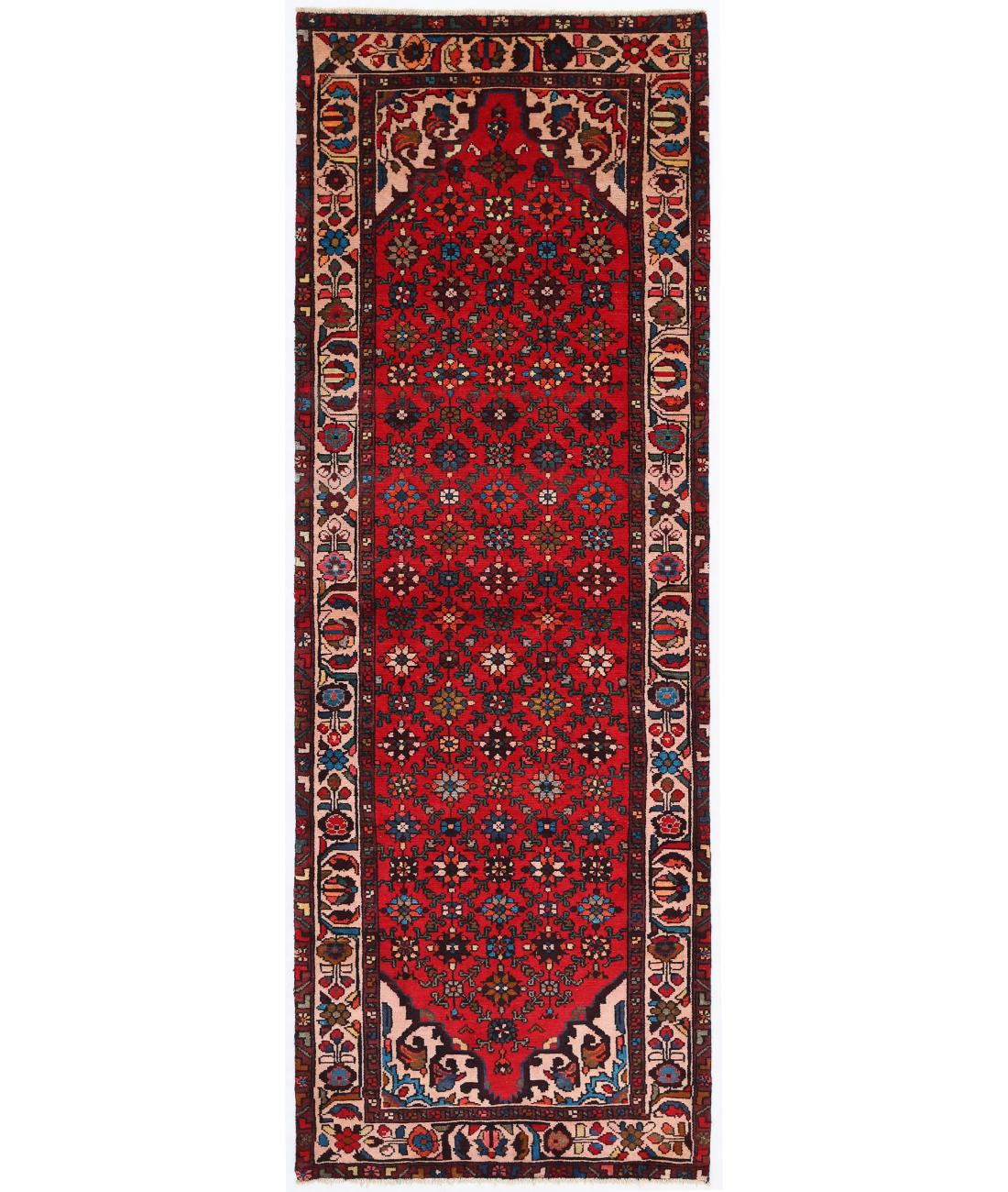 Hand Knotted Persian Hamadan Wool Rug - 3'6'' x 9'10'' 3' 6" X 9' 10" ( 107 X 300 ) / Red / Ivory