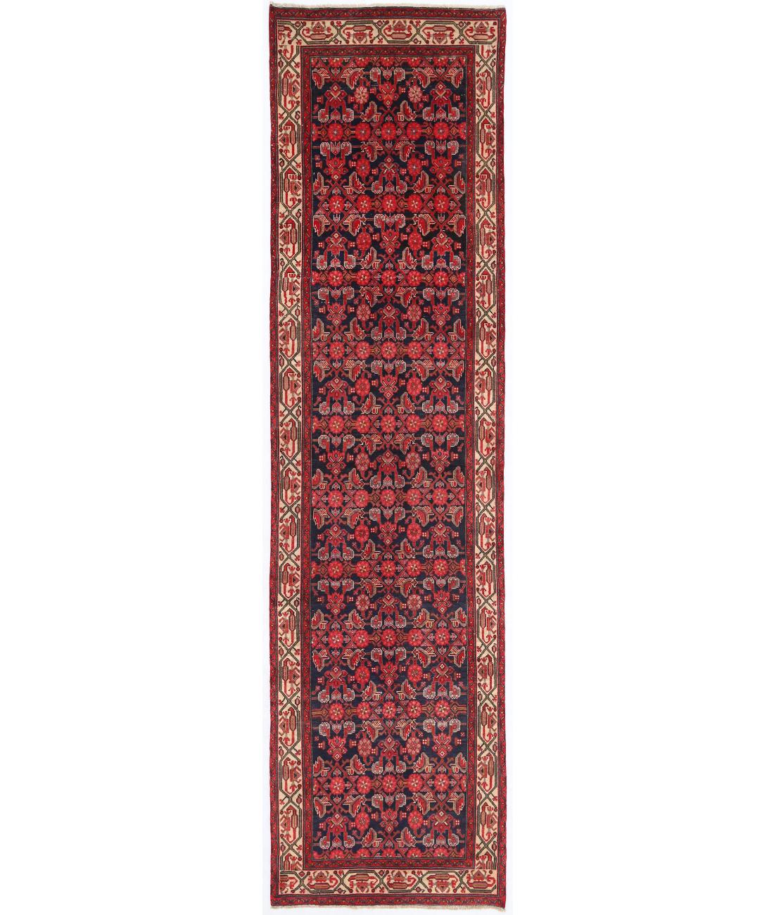 Hand Knotted Persian Hamadan Wool Rug - 3'6'' x 13'5'' 3' 6" X 13' 5" ( 107 X 409 ) / Blue / Beige