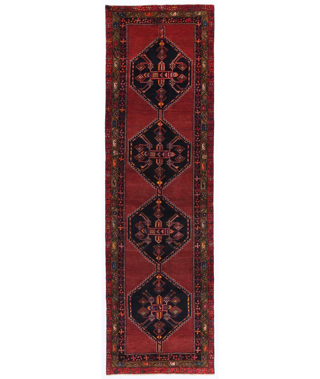 Hand Knotted Persian Hamadan Wool Rug - 3'7'' x 12'6'' 3' 7" X 12' 6" ( 109 X 381 ) / Red / Black