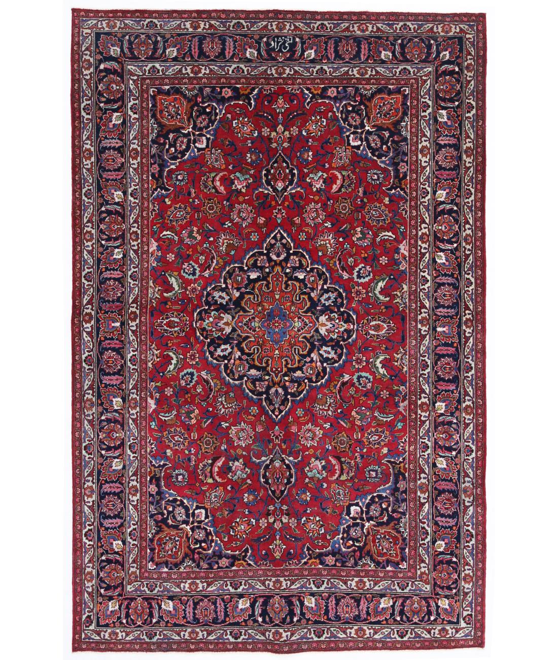 Hand Knotted Persian Mashad Wool Rug - 6'8'' x 10'6'' 6' 8" X 10' 6" ( 203 X 320 ) / Red / Blue