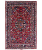 Hand Knotted Persian Mashad Wool Rug - 6'8'' x 10'6'' 6' 8" X 10' 6" ( 203 X 320 ) / Red / Blue