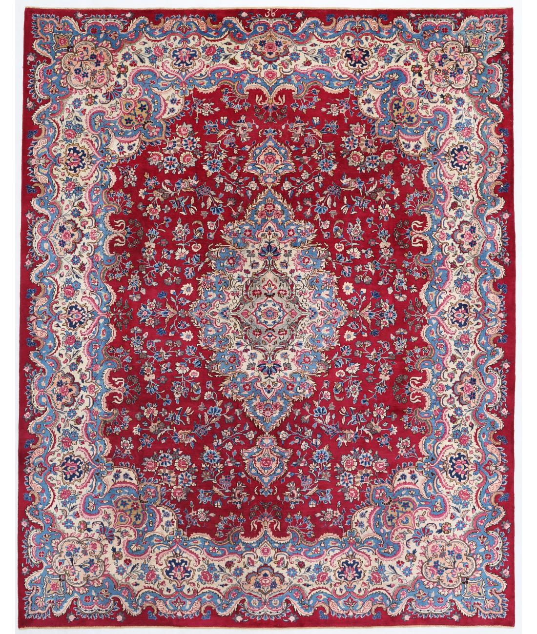 Hand Knotted Persian Mashad Wool Rug - 9'9'' x 12'4'' 9' 9" X 12' 4" ( 297 X 376 ) / Red / Blue