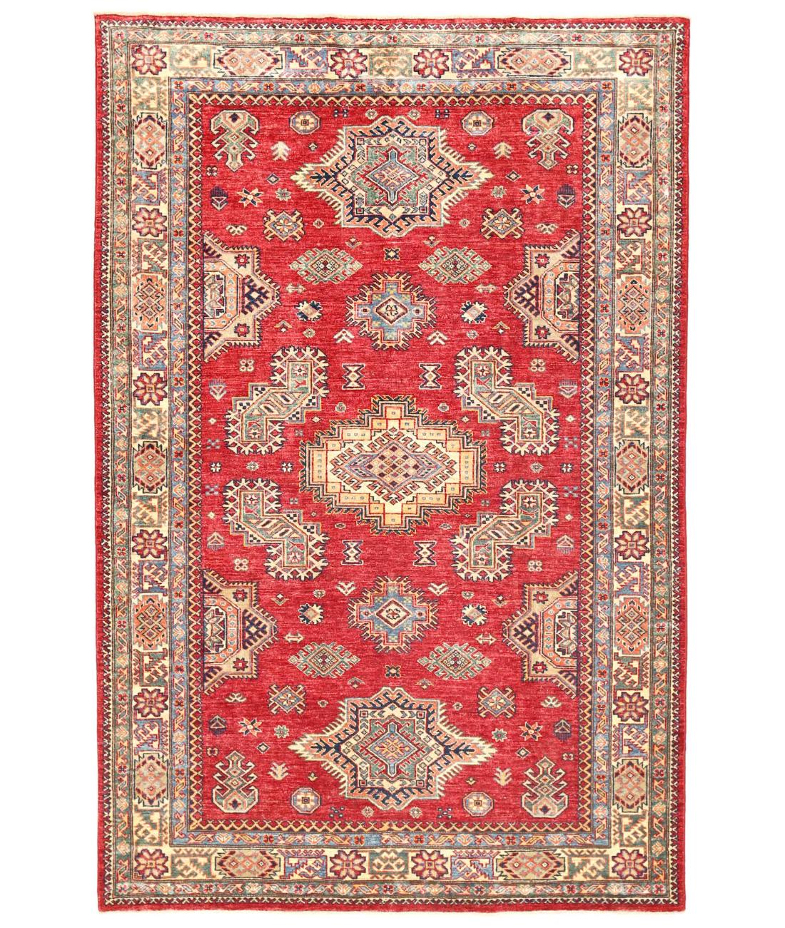 Hand Knotted Royal Kazak Wool Rug - 5'3'' x 8'1'' 5' 3" X 8' 1" ( 160 X 246 ) / Red / Ivory