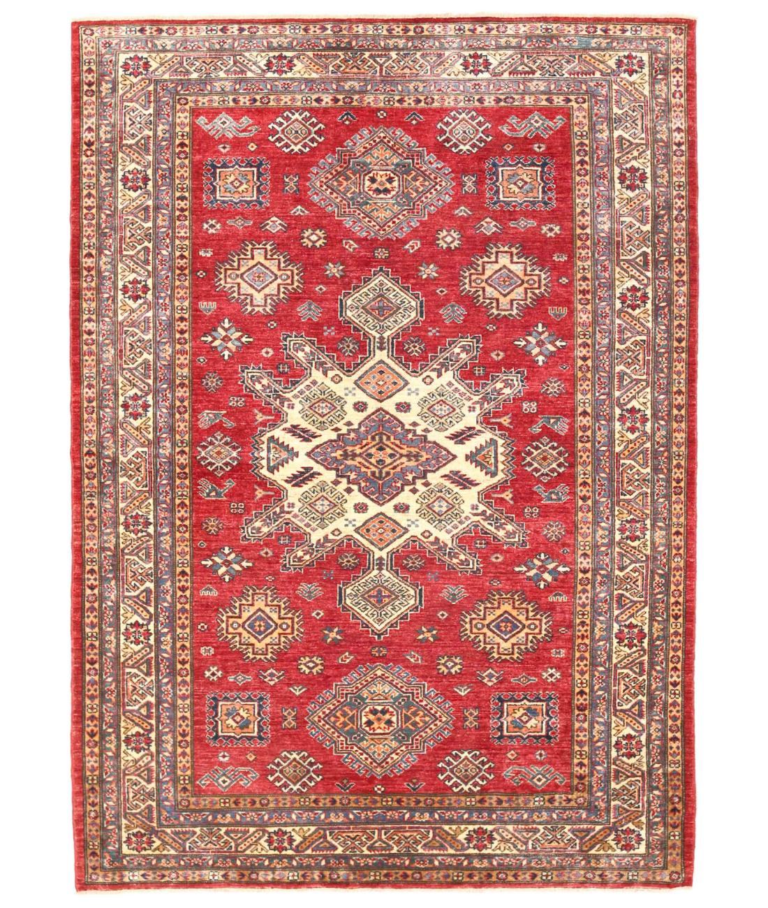 Hand Knotted Royal Kazak Wool Rug - 5'6'' x 7'11'' 5' 6" X 7' 11" ( 168 X 241 ) / Red / Ivory