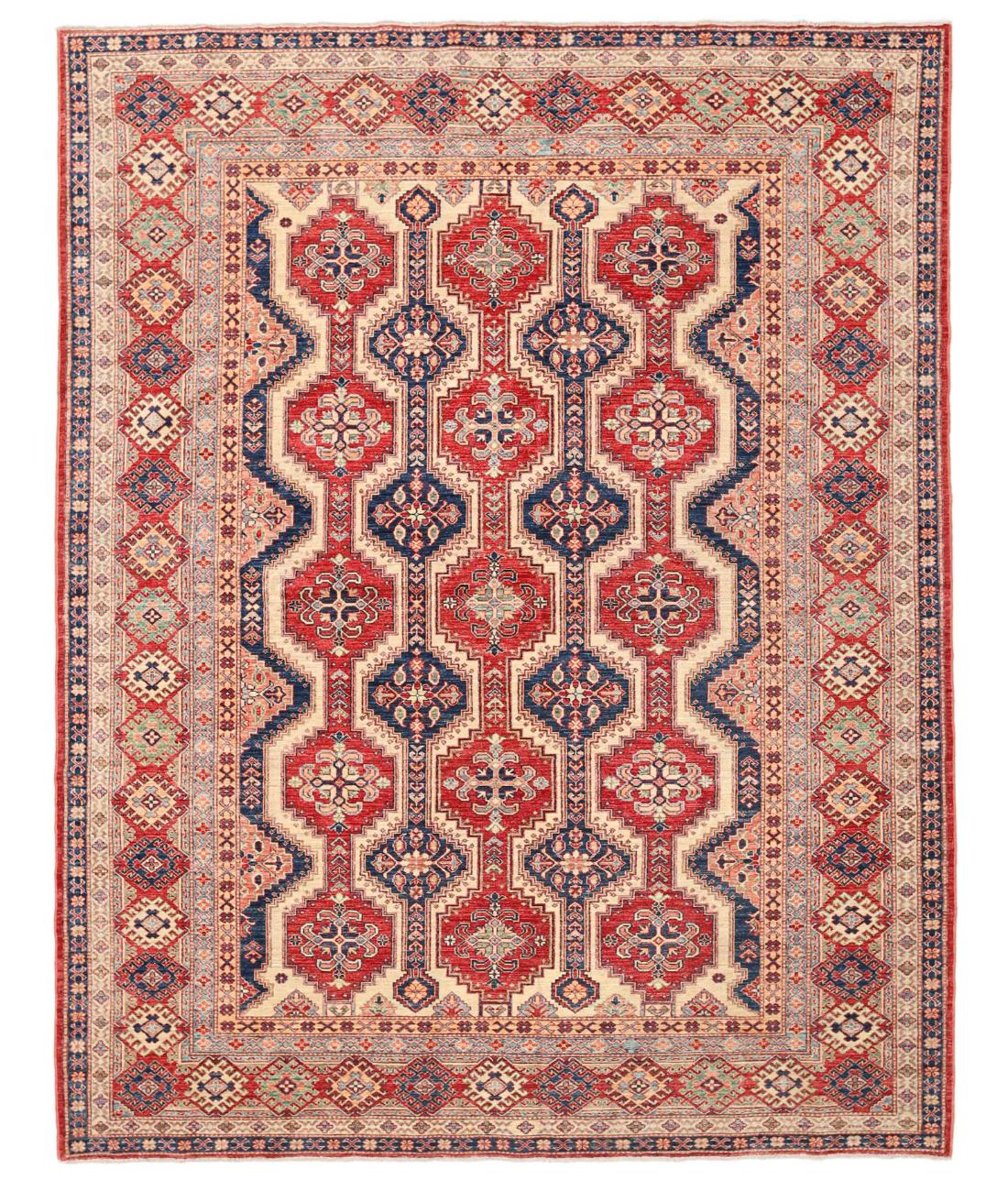 Hand Knotted Royal Kazak Wool Rug - 7'10'' x 10'0'' 7' 10" X 10' 0" ( 239 X 305 ) / Ivory / Red