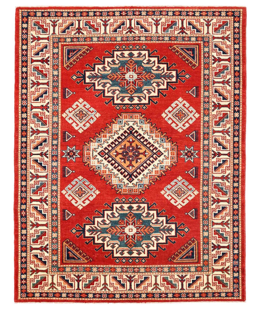 Hand Knotted Tribal Kazak Wool Rug - 4'11'' x 6'5'' 4' 11" X 6' 5" ( 150 X 196 ) / Red / Ivory