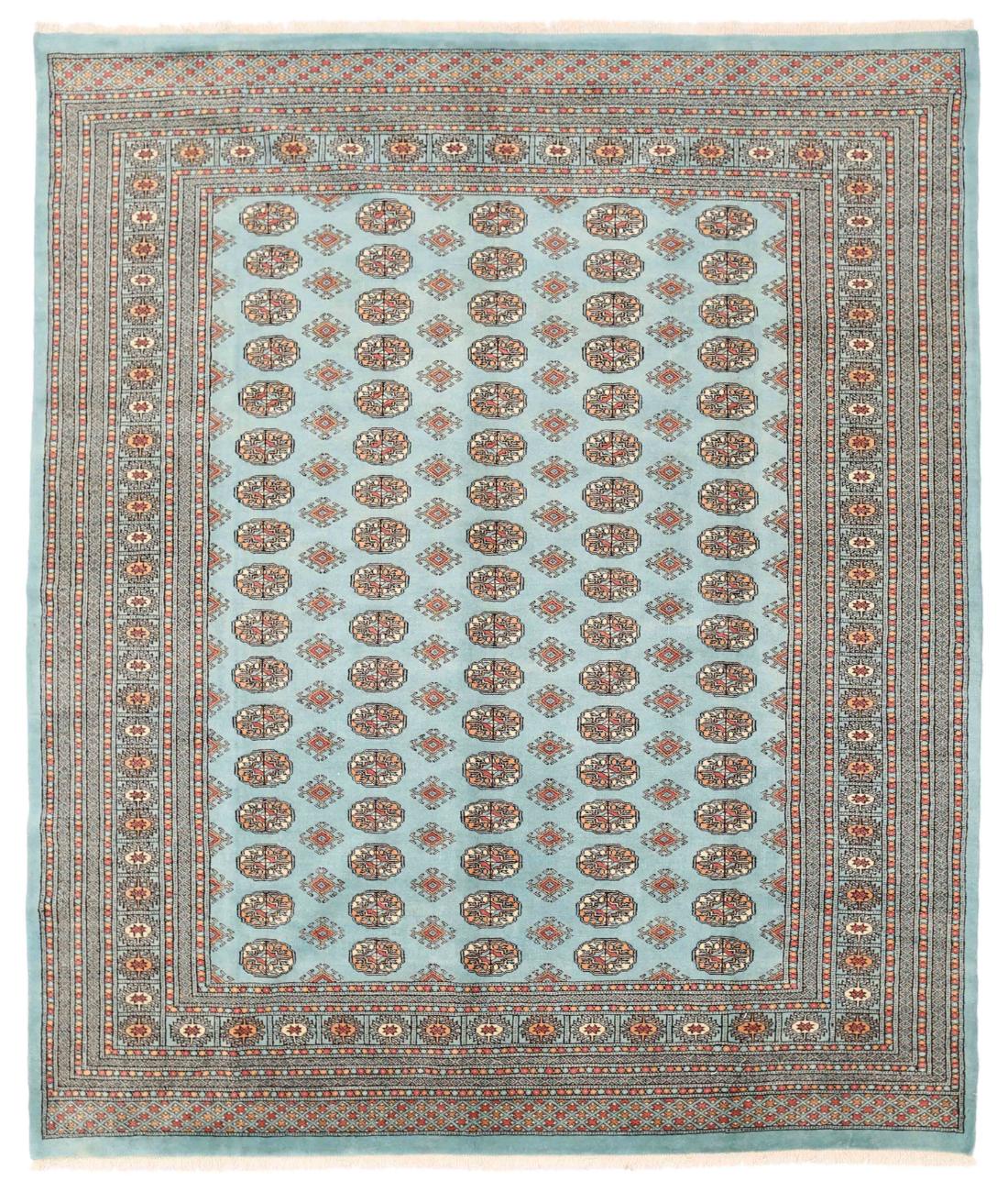 Hand Knotted Tribal Bokhara Wool Rug - 8'0'' x 9'7'' 8' 0" X 9' 7" ( 244 X 292 ) / Blue / Pink