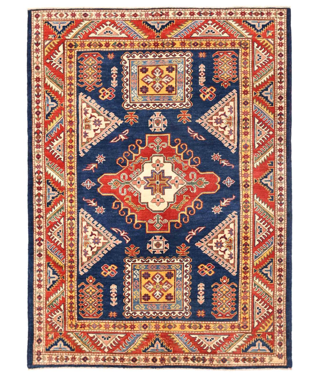 Hand Knotted Tribal Kazak Wool Rug - 4'10'' x 6'8'' 4' 10" X 6' 8" ( 147 X 203 ) / Red / Ivory