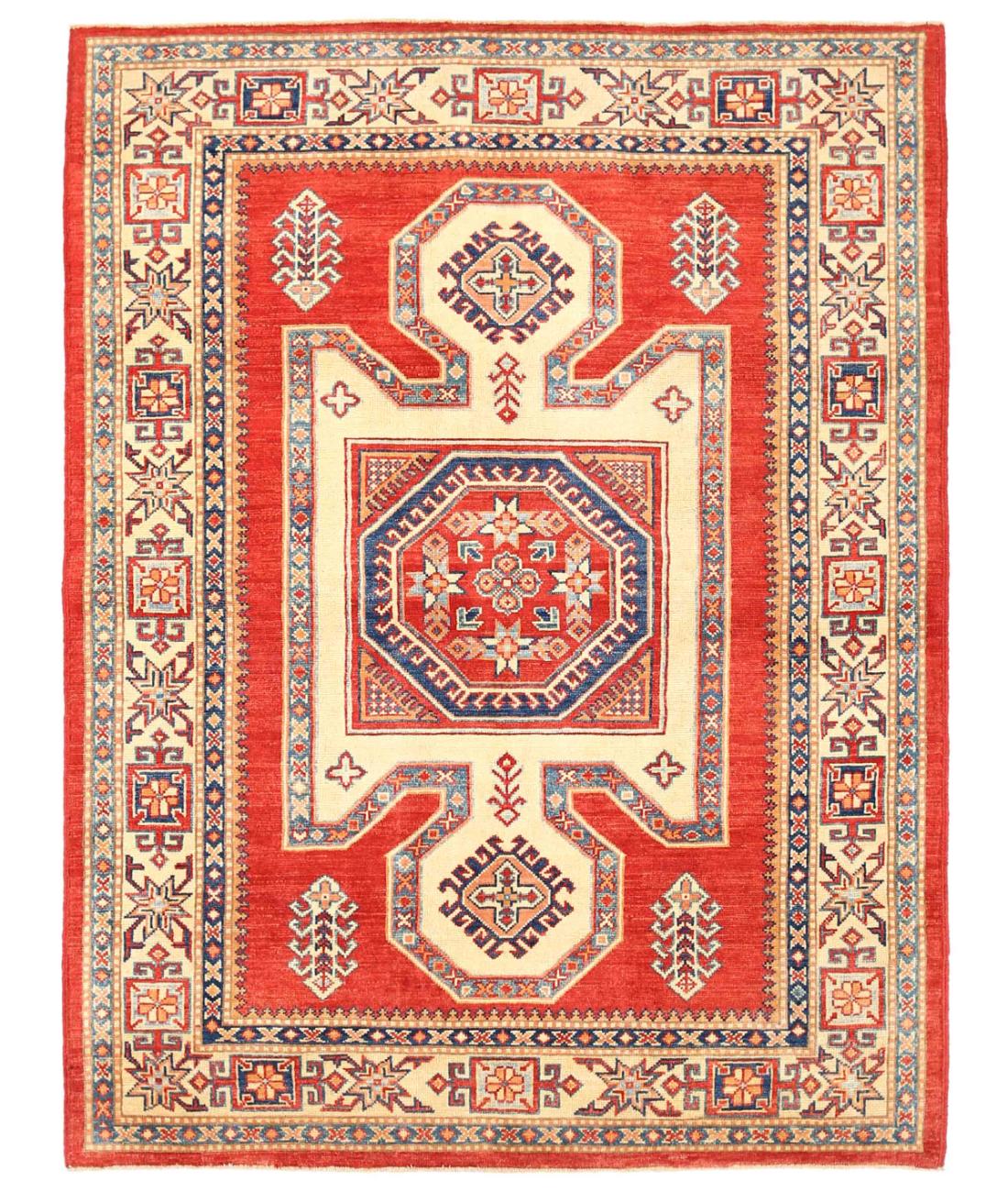 Hand Knotted Tribal Kazak Wool Rug - 5'1'' x 6'8'' 5' 1" X 6' 8" ( 155 X 203 ) / Red / Ivory