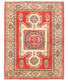 Hand Knotted Tribal Kazak Wool Rug - 5'1'' x 6'8'' 5' 1" X 6' 8" ( 155 X 203 ) / Red / Ivory