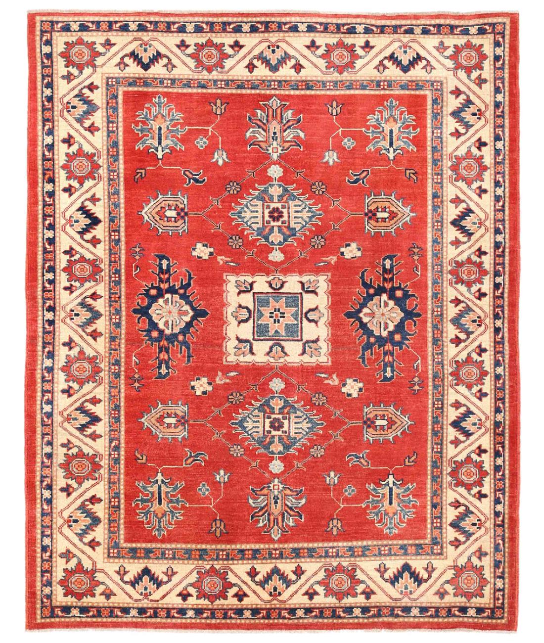 Hand Knotted Tribal Kazak Wool Rug - 5'2'' x 6'7'' 5' 2" X 6' 7" ( 157 X 201 ) / Red / Ivory