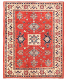 Hand Knotted Tribal Kazak Wool Rug - 5'2'' x 6'7'' 5' 2" X 6' 7" ( 157 X 201 ) / Red / Ivory