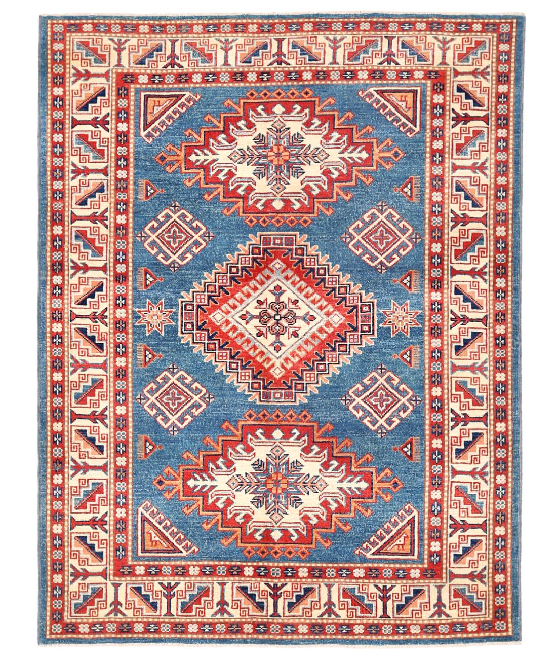 Hand Knotted Tribal Kazak Wool Rug - 4'11'' x 6'7'' 4' 11" X 6' 7" ( 150 X 201 ) / Red / Ivory