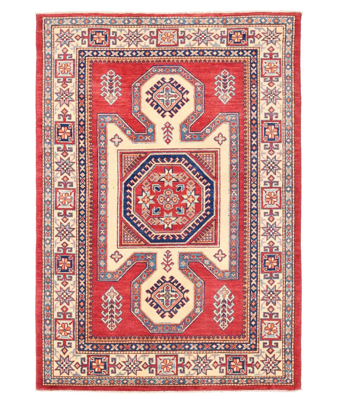 Hand Knotted Tribal Kazak Wool Rug - 4'8'' x 6'8'' 4' 8" X 6' 8" ( 142 X 203 ) / Red / Ivory