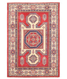 Hand Knotted Tribal Kazak Wool Rug - 4'8'' x 6'8'' 4' 8" X 6' 8" ( 142 X 203 ) / Red / Ivory