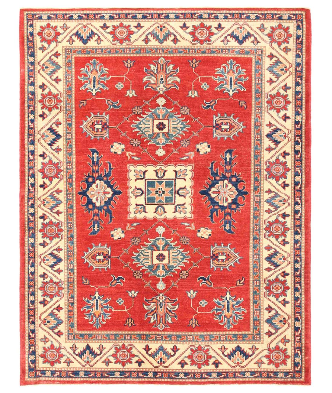 Hand Knotted Tribal Kazak Wool Rug - 5'2'' x 6'9'' 5' 2" X 6' 9" ( 157 X 206 ) / Red / Ivory